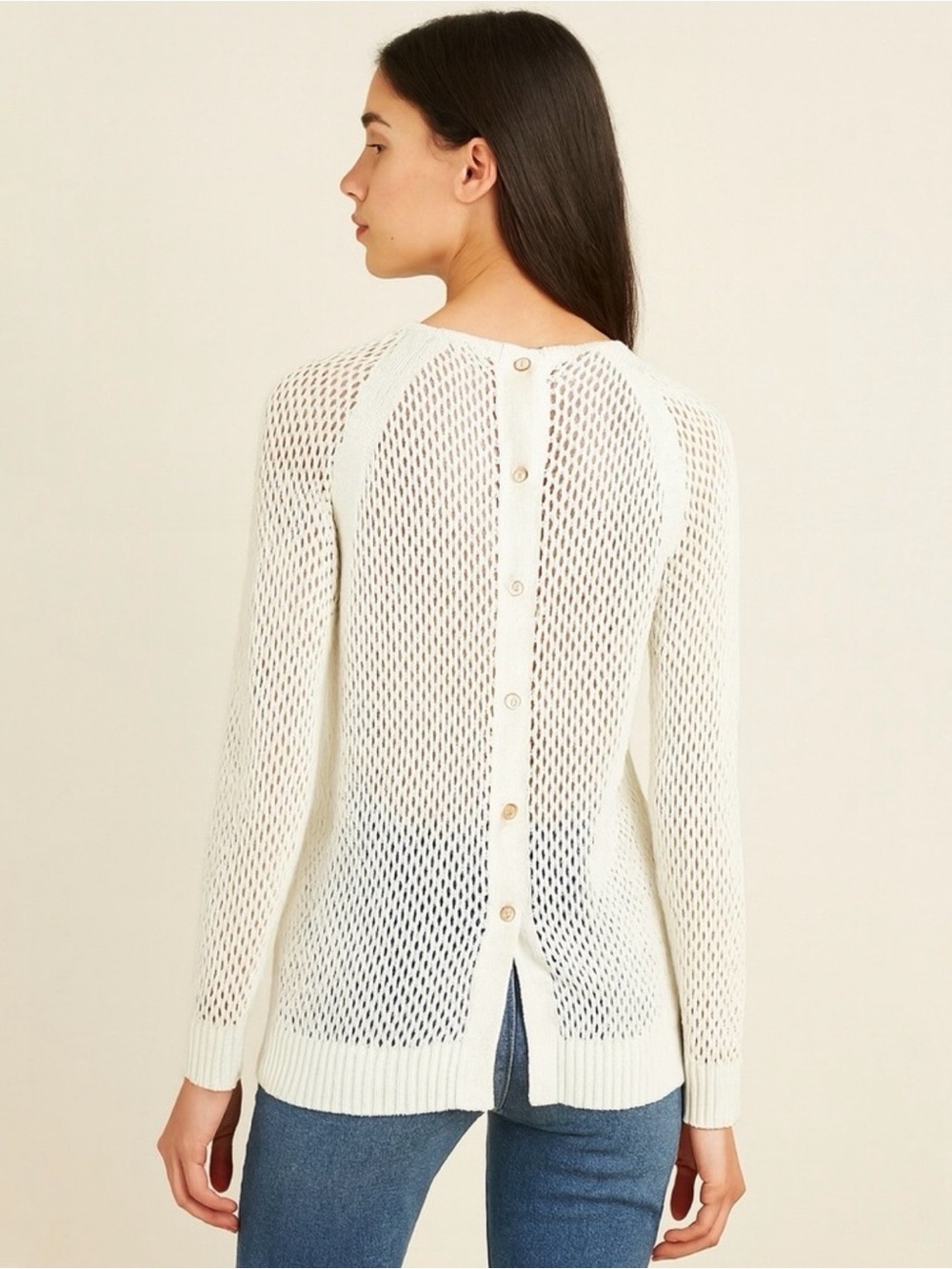 Michael Kors Off White Gold Buttons Cotton Open Knit Sweater Swim Coverup
